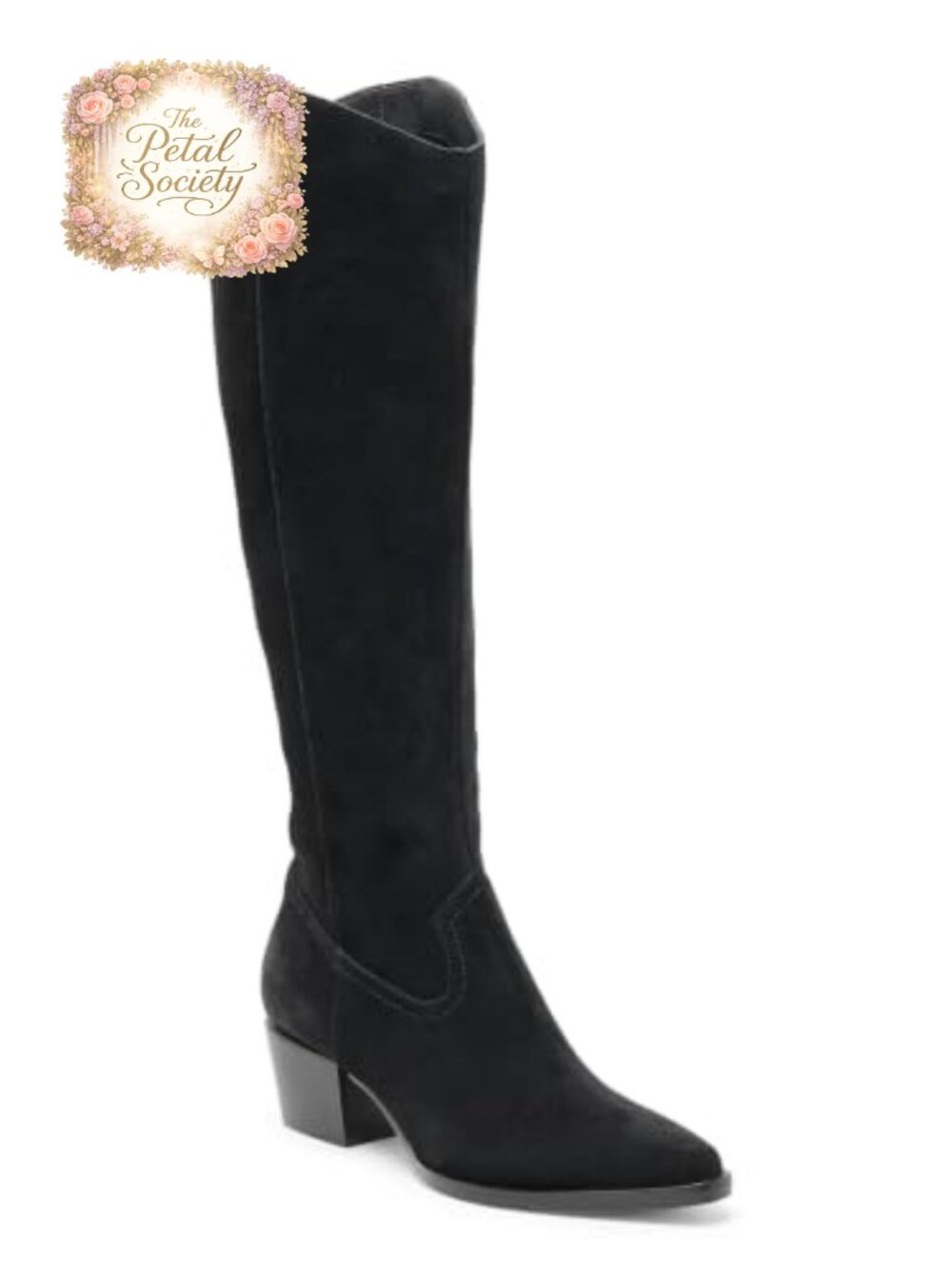 Coutgo Women Knee High Boots Wide Calf Chunky Heel Pointed Toe Zip Faux Suede